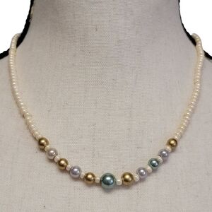 Blue Cream Gold‎ Tone Faux Pearl Necklace 17" Beaded Preppy Classic Graduated